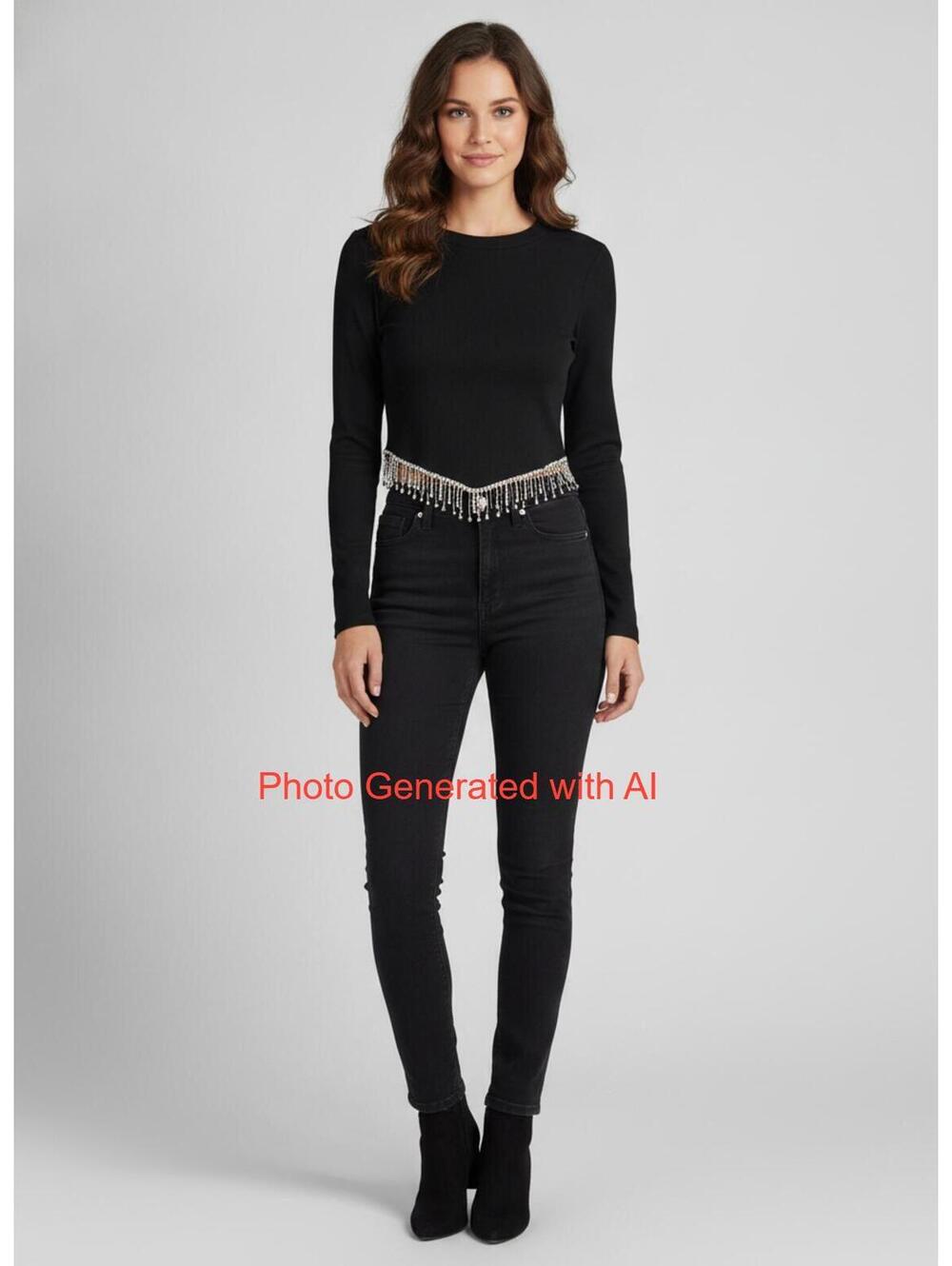 Lisette Collection Black Cropped Long Sleeve Top Rhinestone Fringe Hem Size XL